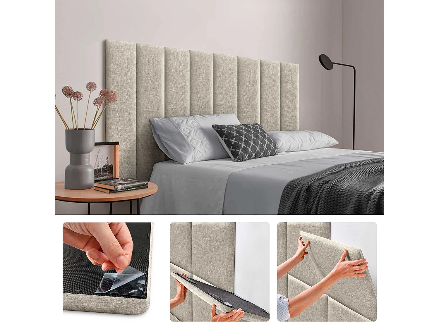 DHOME Ensemble de 1 Panneau mural en lin autocollant, absorption acoustique, protection contre les chocs et têtes de lit (Beige, 60x20cm, x1)