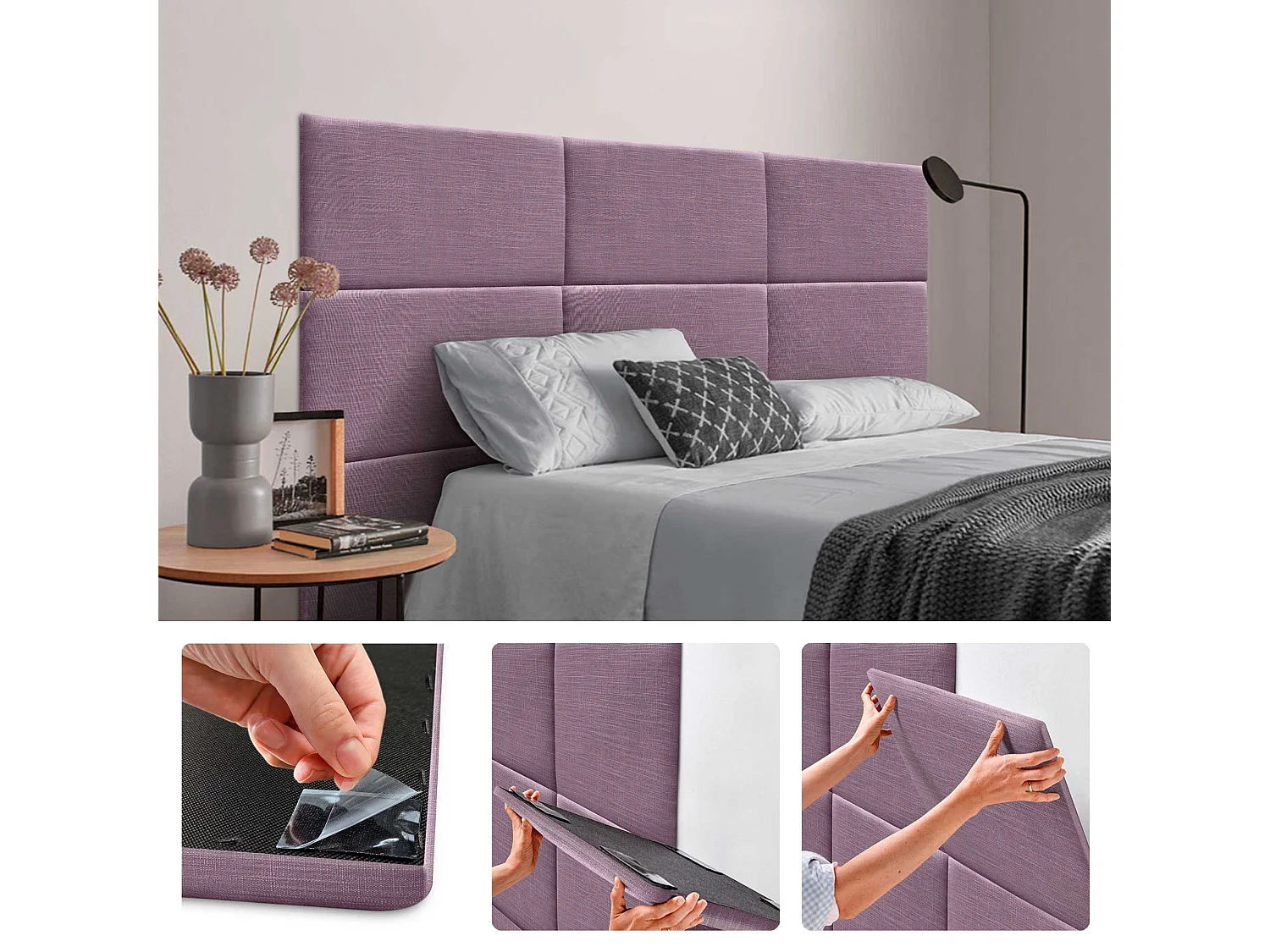 DHOME Ensemble de 1 Panneau mural en lin autocollant, absorption acoustique, protection contre les chocs et têtes de lit (Lilas, 60x40cm, x1)