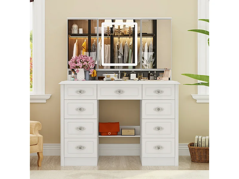 Grande Coiffeuse avec éclairage LED et miroir rectangulaire surdimensionné,Poignée en métal à motifs, 9 tiroirs,110x50x137 cm,Blanc