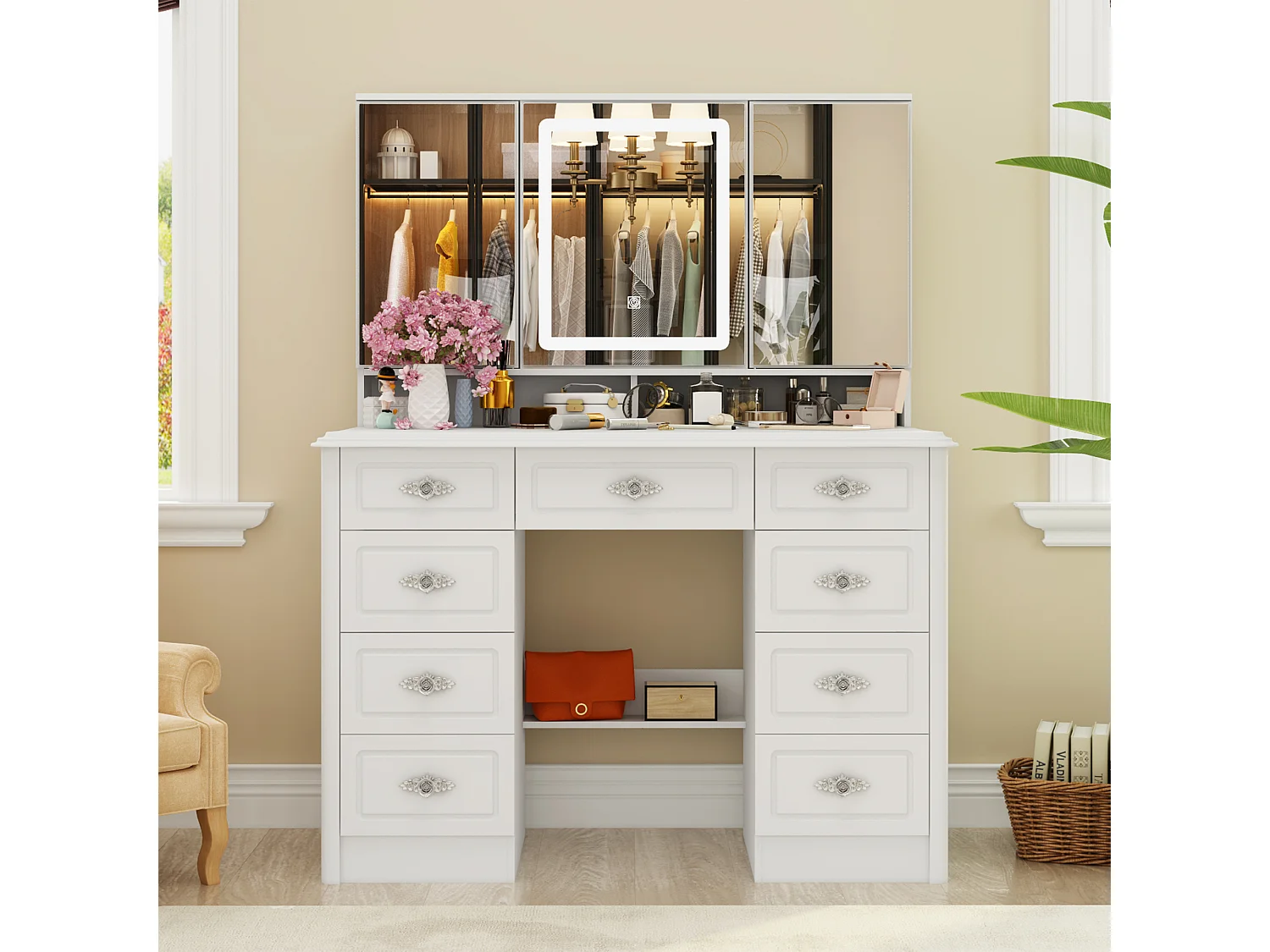 Grande Coiffeuse avec éclairage LED et miroir rectangulaire surdimensionné,Poignée en métal à motifs, 9 tiroirs,110x50x137 cm,Blanc