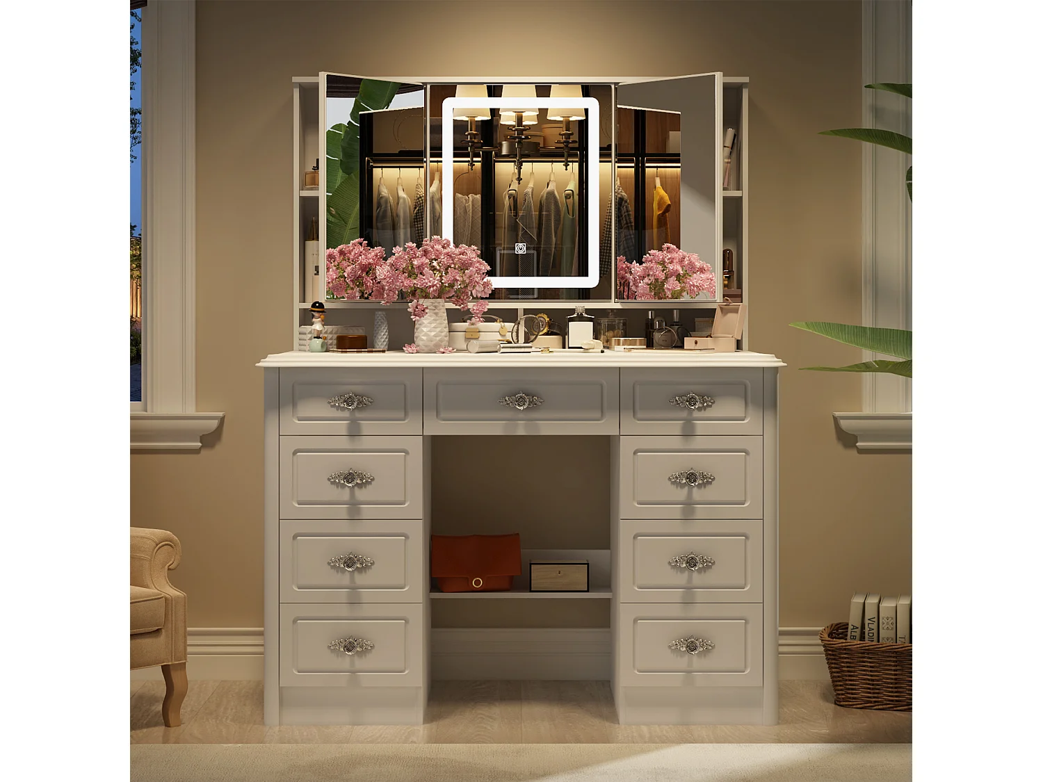 Grande Coiffeuse avec éclairage LED et miroir rectangulaire surdimensionné,Poignée en métal à motifs, 9 tiroirs,110x50x137 cm,Blanc