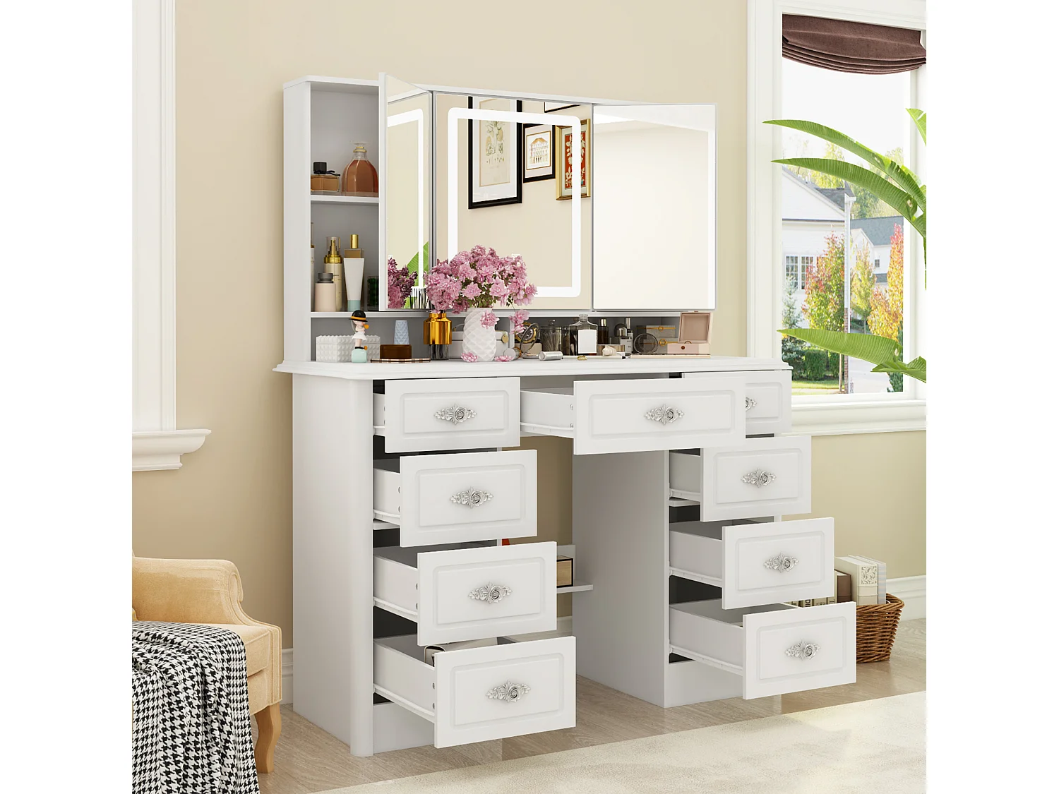 Grande Coiffeuse avec éclairage LED et miroir rectangulaire surdimensionné,Poignée en métal à motifs, 9 tiroirs,110x50x137 cm,Blanc