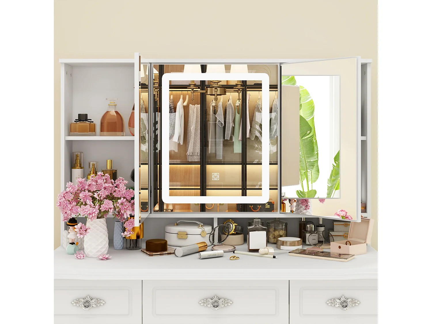 Grande Coiffeuse avec éclairage LED et miroir rectangulaire surdimensionné,Poignée en métal à motifs, 9 tiroirs,110x50x137 cm,Blanc