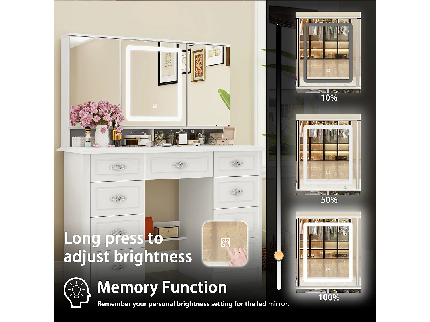 Grande Coiffeuse avec éclairage LED et miroir rectangulaire surdimensionné,Poignée en métal à motifs, 9 tiroirs,110x50x137 cm,Blanc