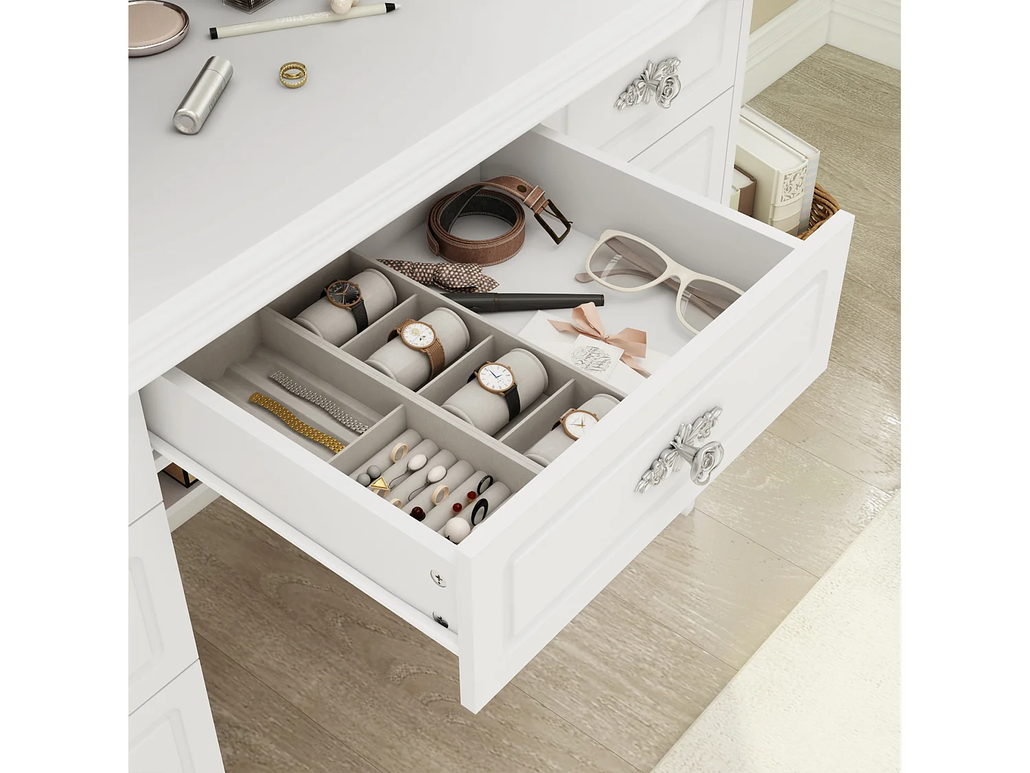 Grande Coiffeuse avec éclairage LED et miroir rectangulaire surdimensionné,Poignée en métal à motifs, 9 tiroirs,110x50x137 cm,Blanc