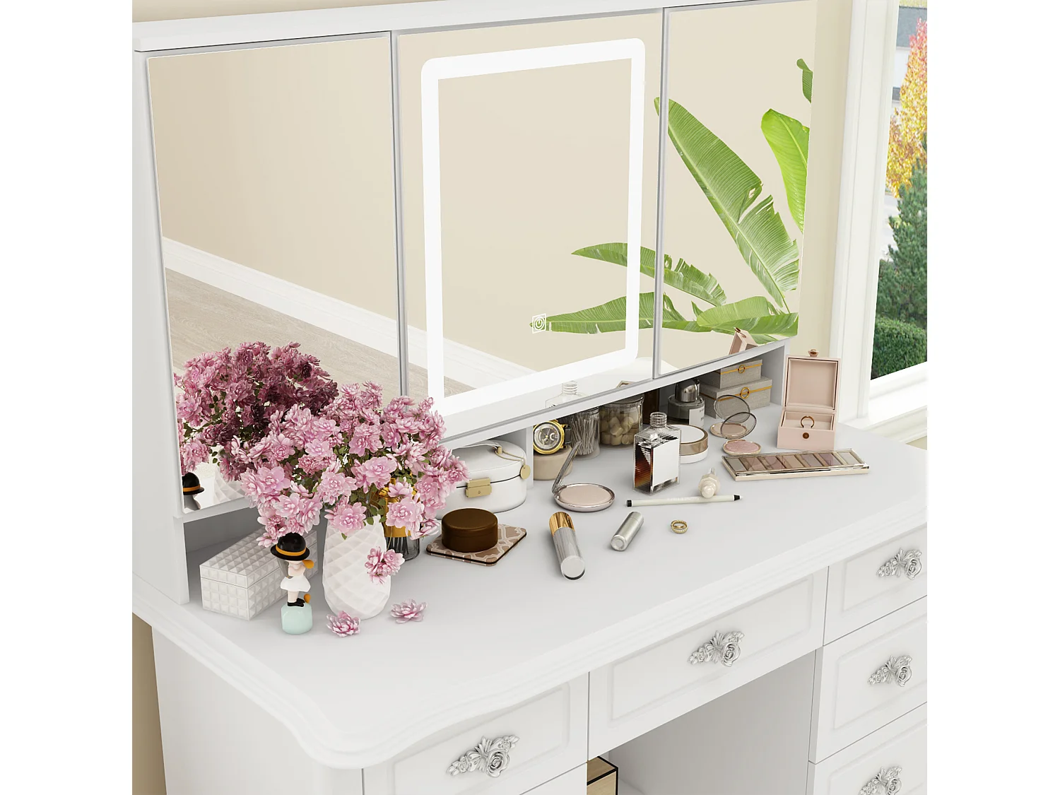 Grote kaptafel met LED-verlichting en oversized rechthoekige spiegel,Metalen handgreep met patroon, 9 lades,110x50x137 cm,Wit