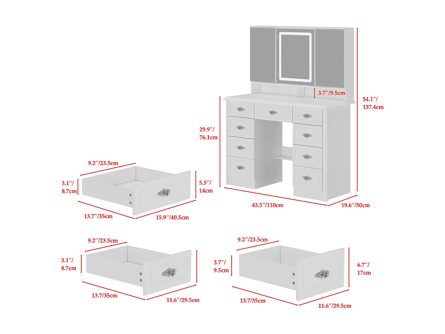 Grande Coiffeuse avec Rectangulaire et Éclairage LED, Table de Maquillage avec 9 Tiroirs et Compartiments, 110 x 50 x 137, Blanc