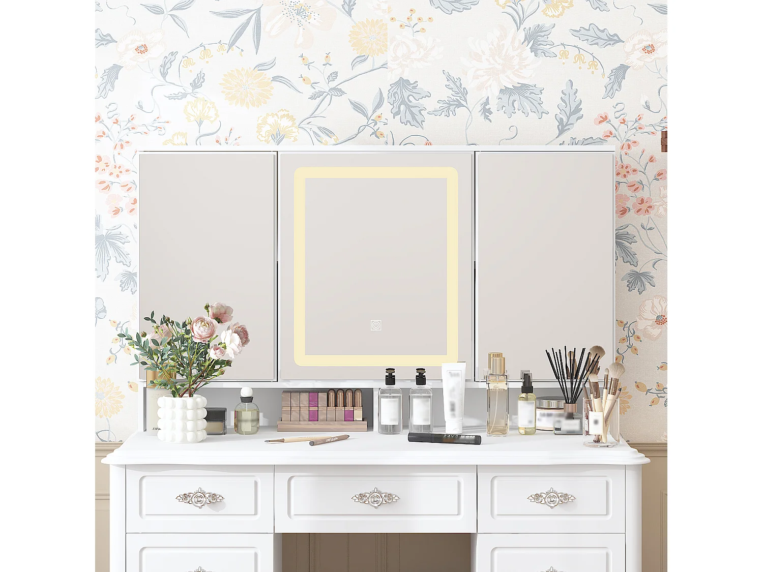 Grande Coiffeuse avec Rectangulaire et Éclairage LED, Table de Maquillage avec 9 Tiroirs et Compartiments, 110 x 50 x 137, Blanc