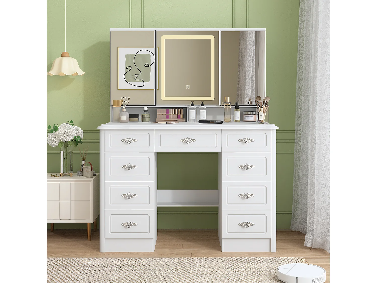 Grande Coiffeuse avec Rectangulaire et Éclairage LED, Table de Maquillage avec 9 Tiroirs et Compartiments, 110 x 50 x 137, Blanc