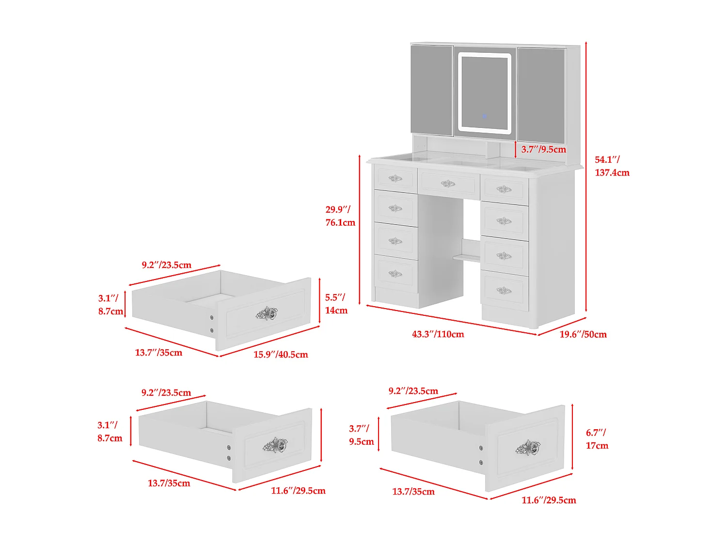 Grande Coiffeuse avec Rectangulaire et Éclairage LED, Table de Maquillage avec 9 Tiroirs et Compartiments, 110 x 50 x 137, Blanc