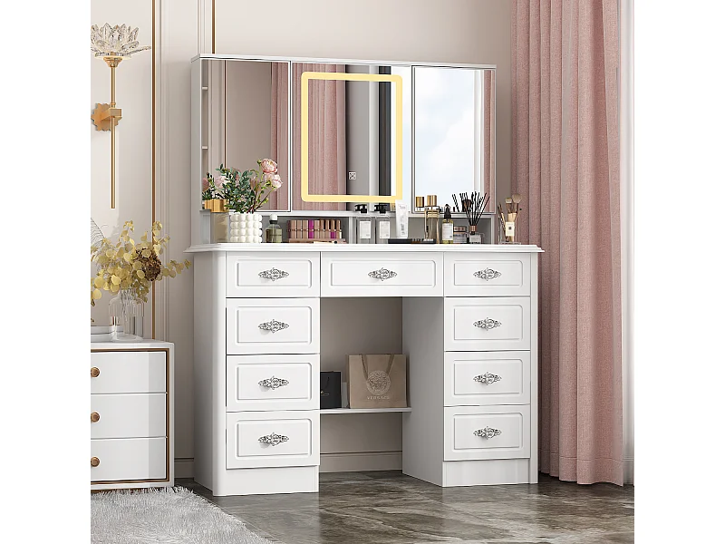 Grande Coiffeuse avec Rectangulaire et Éclairage LED, Table de Maquillage avec 9 Tiroirs et Compartiments, 110 x 50 x 137, Blanc