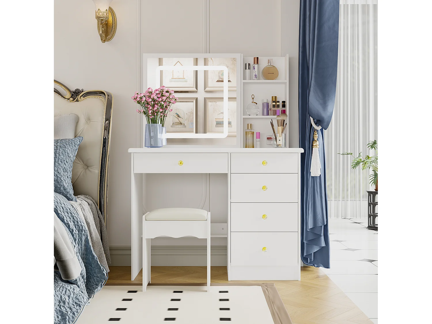 Coiffeuse avec éclairage LED et miroir coulissant,éclairage tricolore,tabouret,5 tiroirs,100x50x136cm