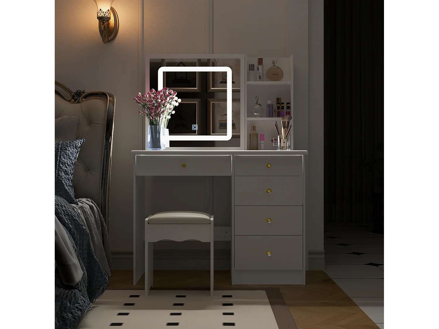 Coiffeuse avec éclairage LED et miroir coulissant,éclairage tricolore,tabouret,5 tiroirs,100x50x136cm