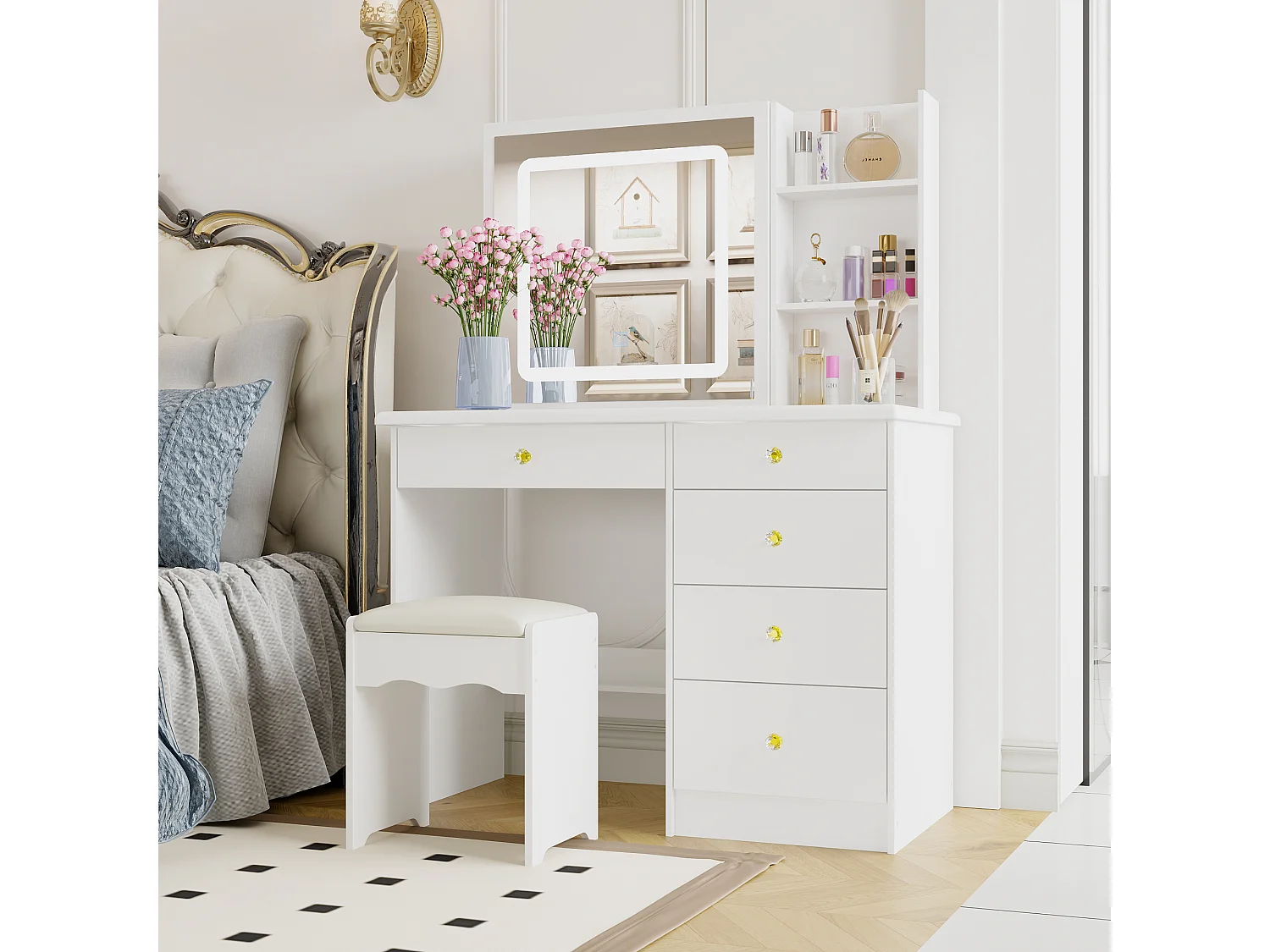 Coiffeuse avec éclairage LED et miroir coulissant,éclairage tricolore,tabouret,5 tiroirs,100x50x136cm