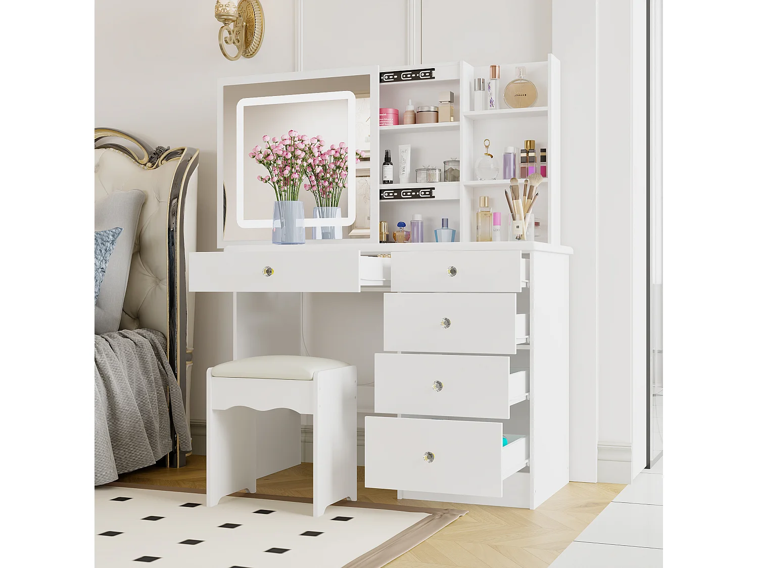 Coiffeuse avec éclairage LED et miroir coulissant,éclairage tricolore,tabouret,5 tiroirs,100x50x136cm