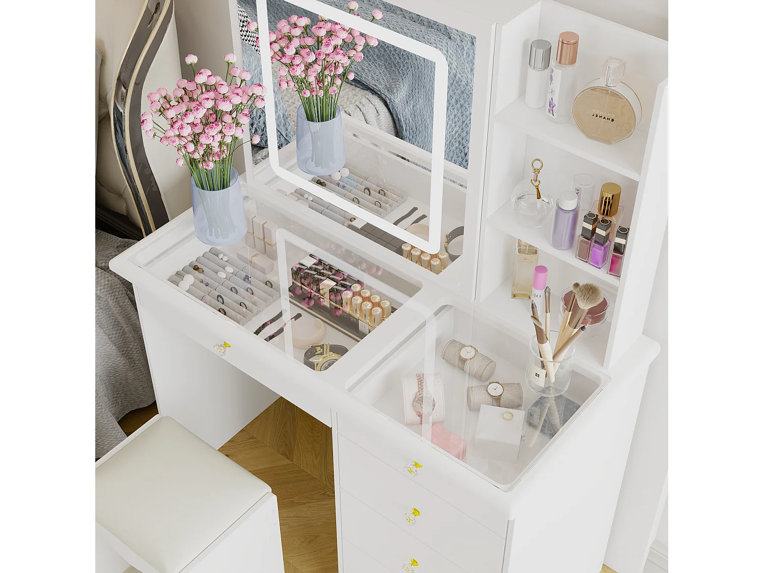 Coiffeuse avec éclairage LED et miroir coulissant,éclairage tricolore,tabouret,5 tiroirs,100x50x136cm