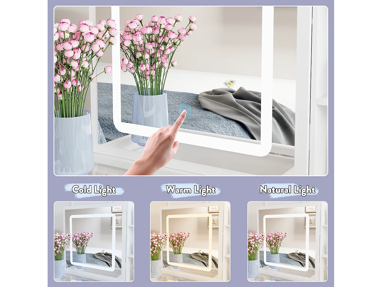 Coiffeuse avec éclairage LED et miroir coulissant,éclairage tricolore,tabouret,5 tiroirs,100x50x136cm