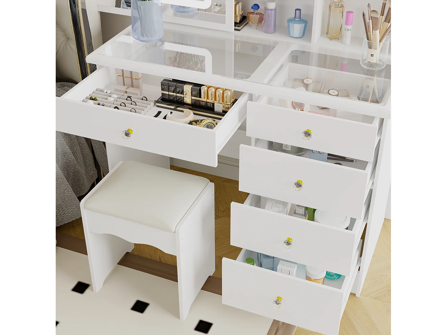 Coiffeuse avec éclairage LED et miroir coulissant,éclairage tricolore,tabouret,5 tiroirs,100x50x136cm