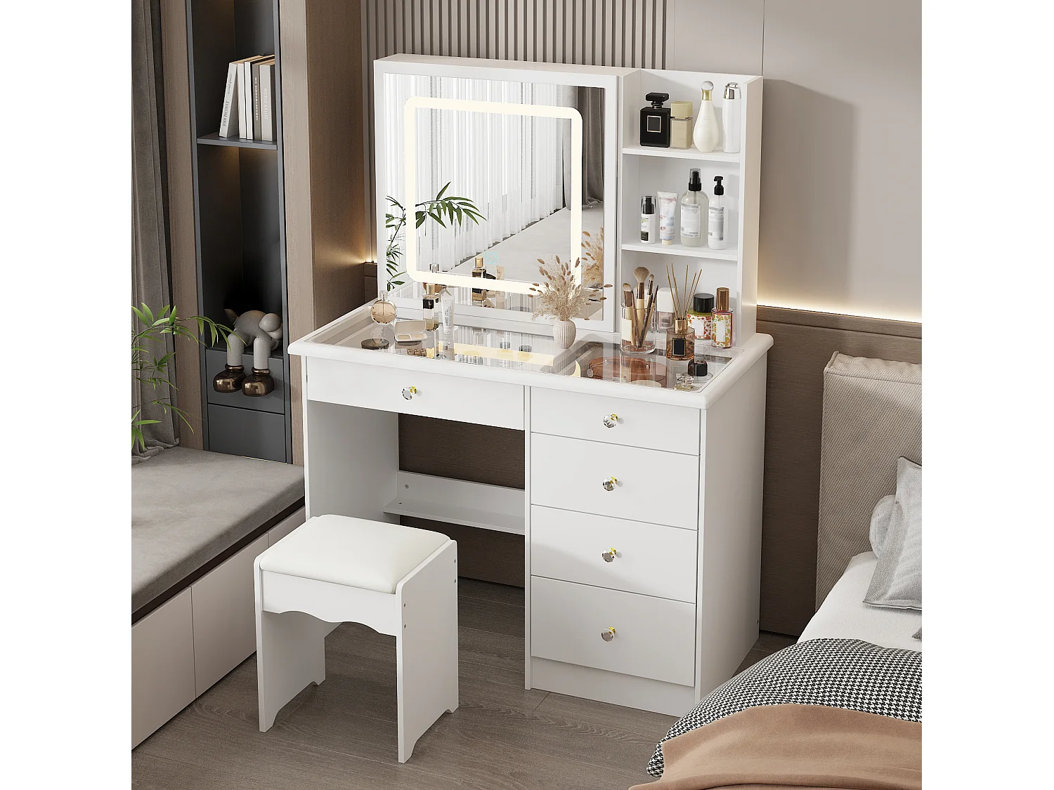 Coiffeuse avec miroir coulissant - LED 3 couleurs - tabouret, 5 tiroirs et compartiments, 100x50x136, Banc