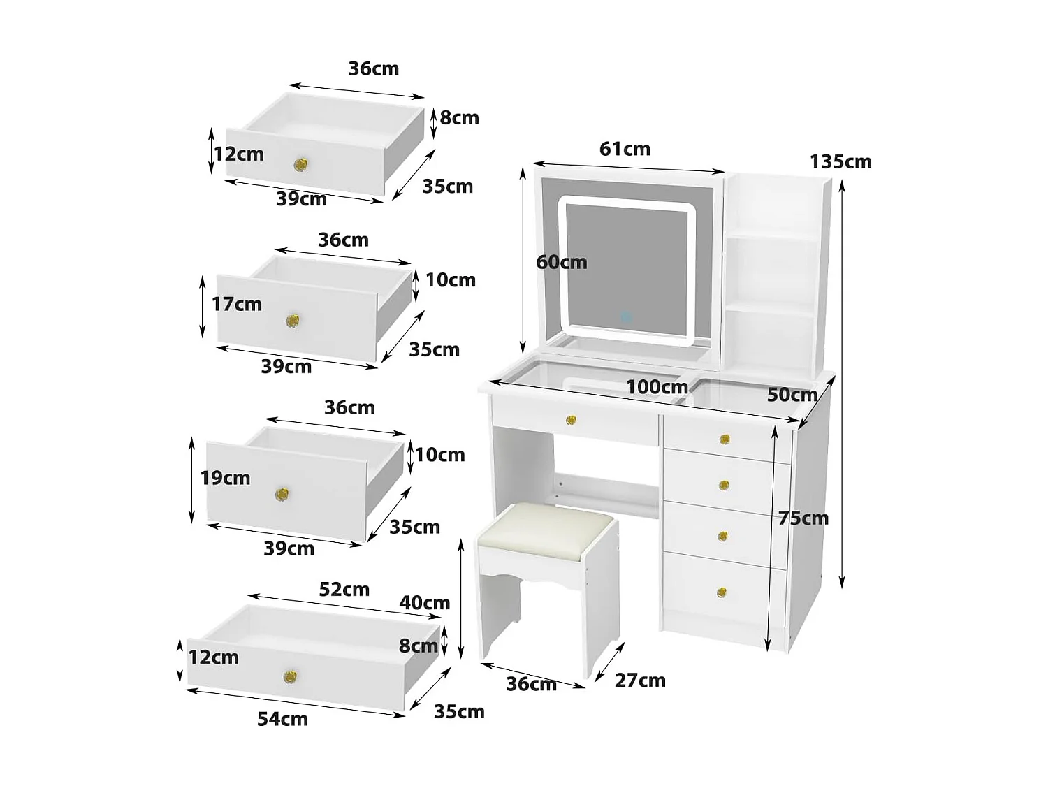 Coiffeuse avec miroir coulissant - LED 3 couleurs - tabouret, 5 tiroirs et compartiments, 100x50x136, Banc
