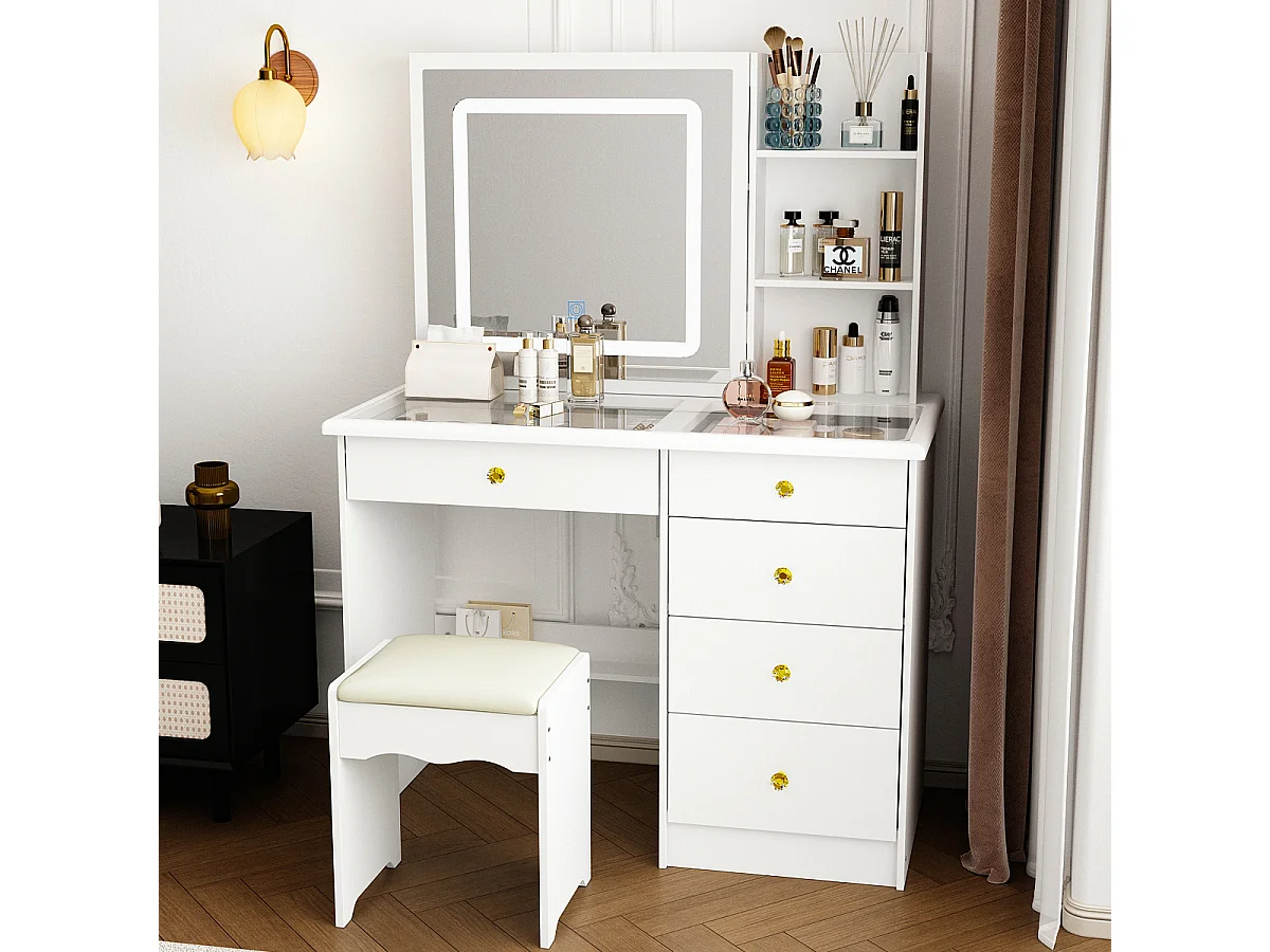 Coiffeuse avec miroir coulissant - LED 3 couleurs - tabouret, 5 tiroirs et compartiments, 100x50x136, Banc