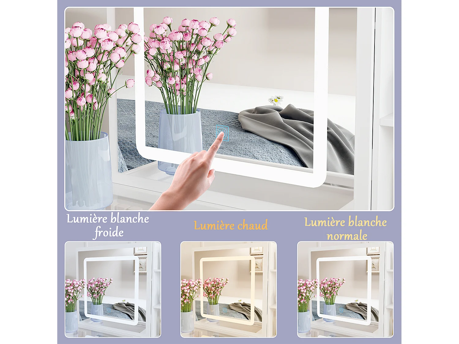 Coiffeuse avec miroir coulissant - LED 3 couleurs - tabouret, 5 tiroirs et compartiments, 100x50x136, Banc