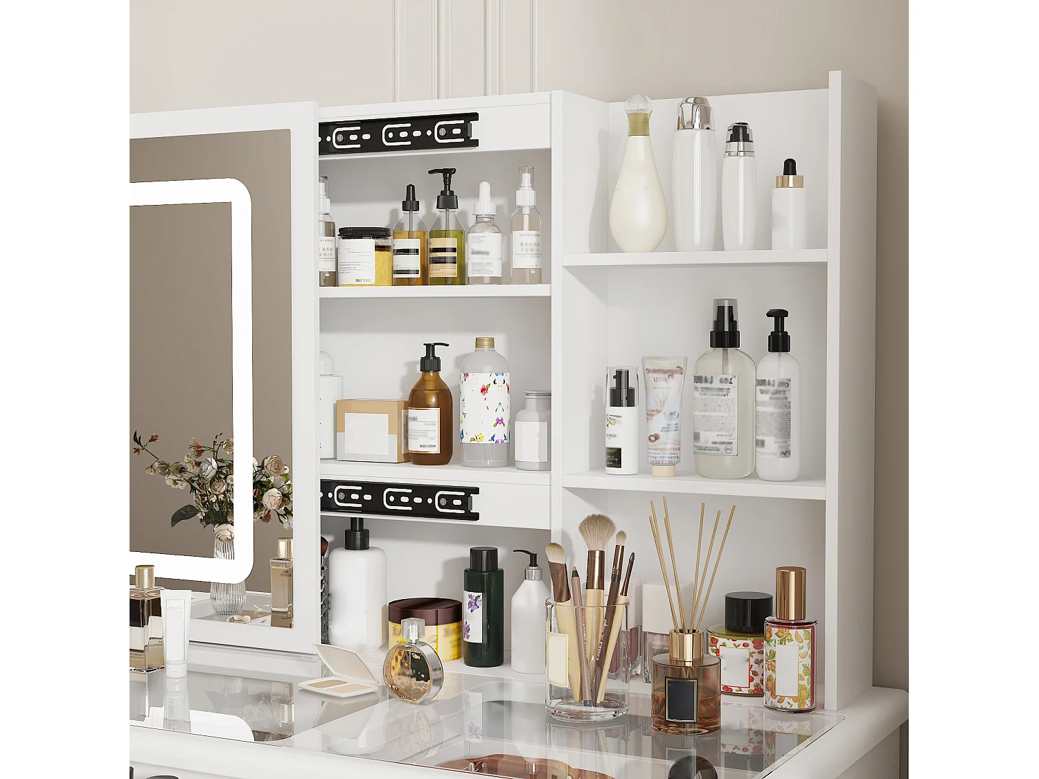 Coiffeuse avec miroir coulissant - LED 3 couleurs - tabouret, 5 tiroirs et compartiments, 100x50x136, Banc