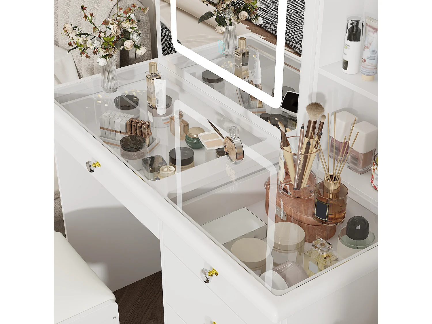 Coiffeuse avec miroir coulissant - LED 3 couleurs - tabouret, 5 tiroirs et compartiments, 100x50x136, Banc