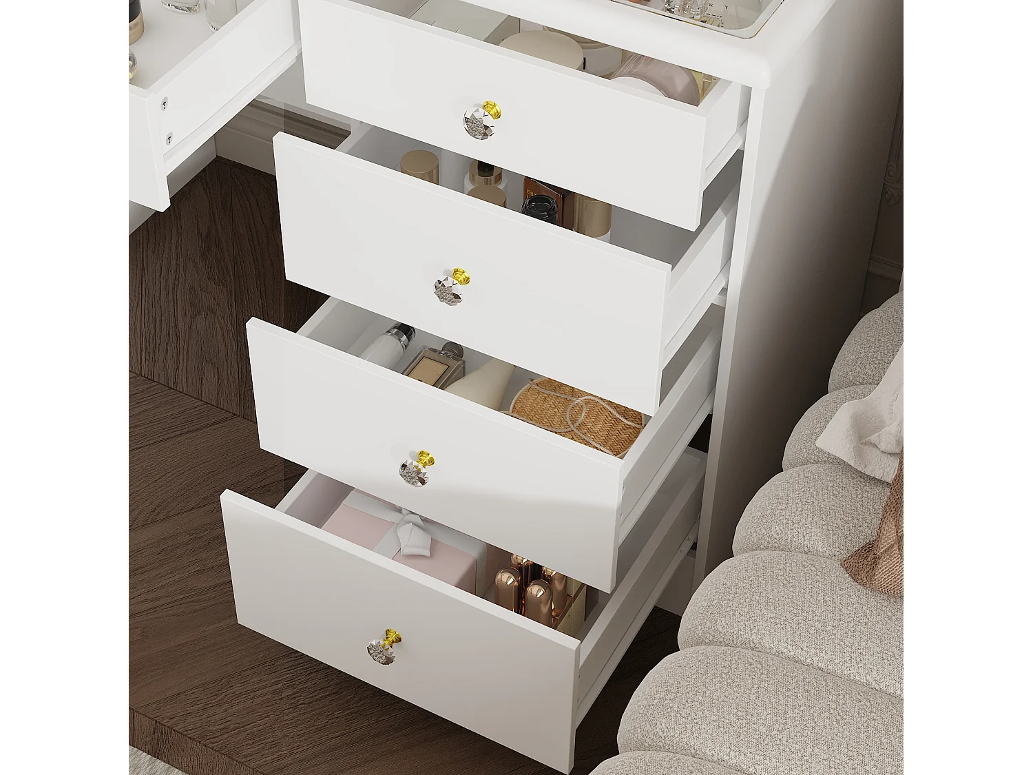 Coiffeuse avec miroir coulissant - LED 3 couleurs - tabouret, 5 tiroirs et compartiments, 100x50x136, Banc