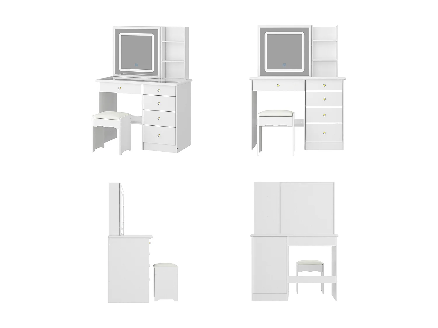 Coiffeuse avec miroir coulissant - LED 3 couleurs - tabouret, 5 tiroirs et compartiments, 100x50x136, Banc