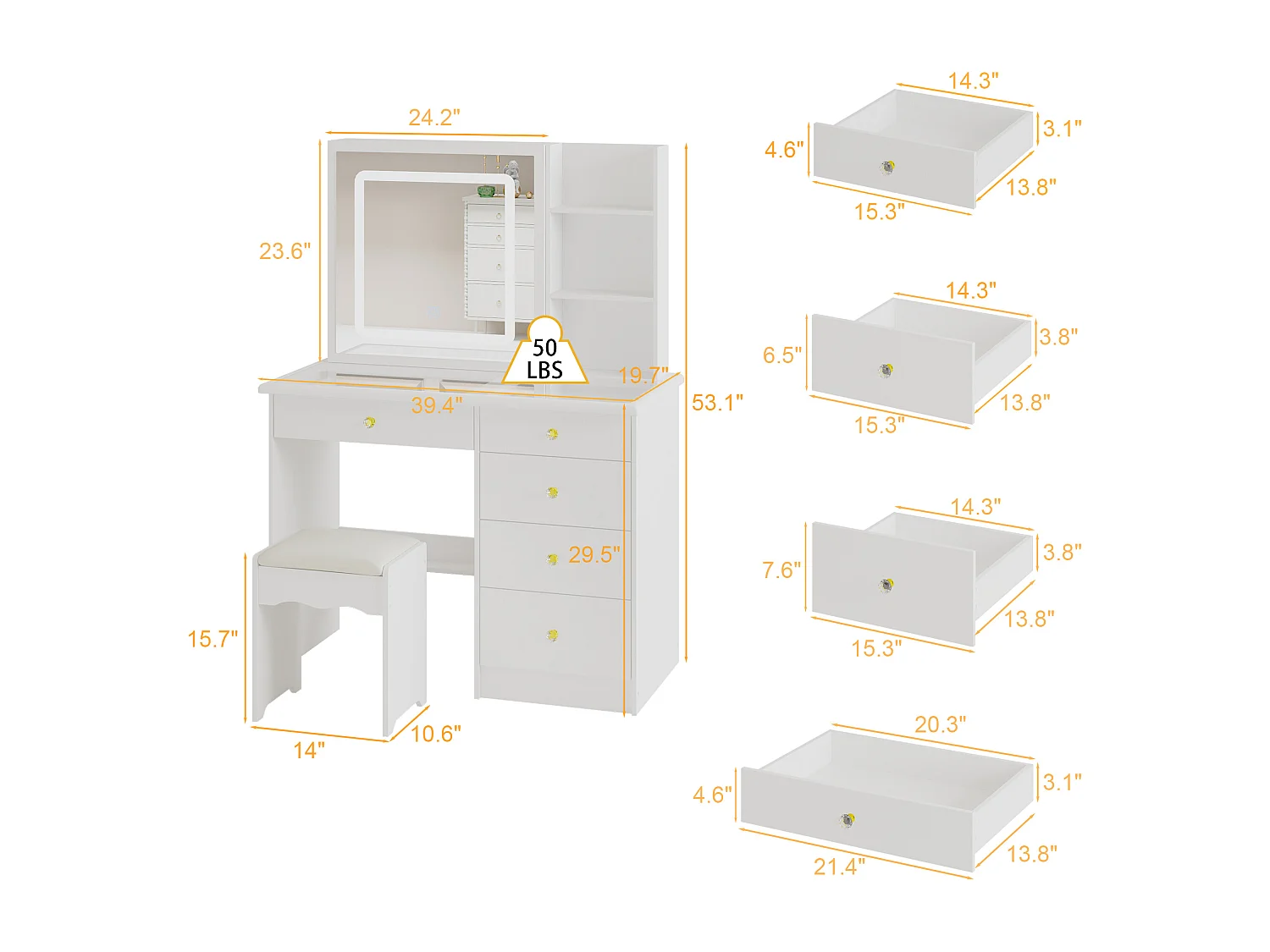 Coiffeuse avec miroir coulissant - LED 3 couleurs - tabouret, 5 tiroirs et compartiments, 100x50x136, Banc