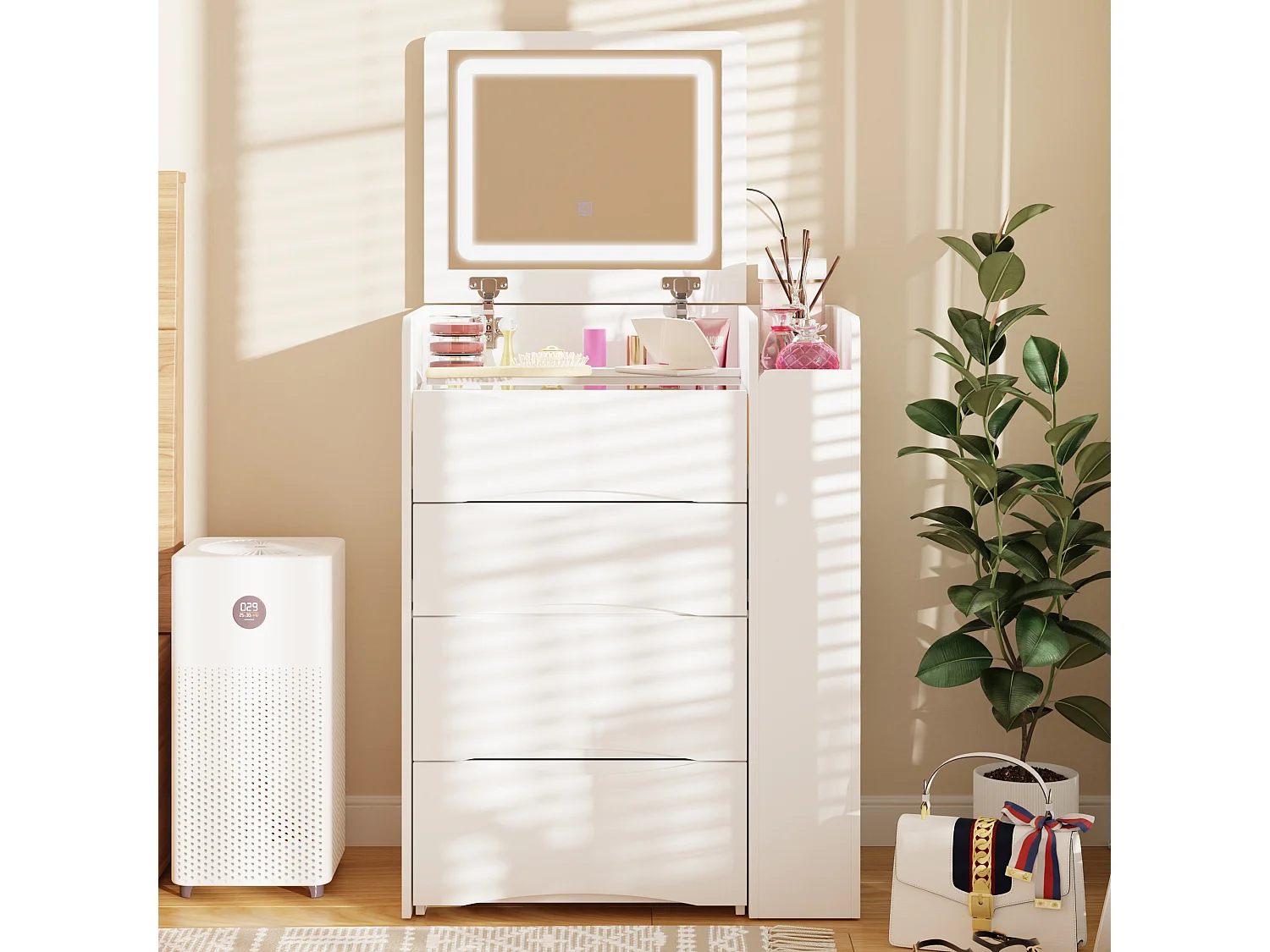 Coiffeuse avec miroir rabattable,éclairage tricolore,tiroirs,Salon,‎Blanc,61x40x81.5cm