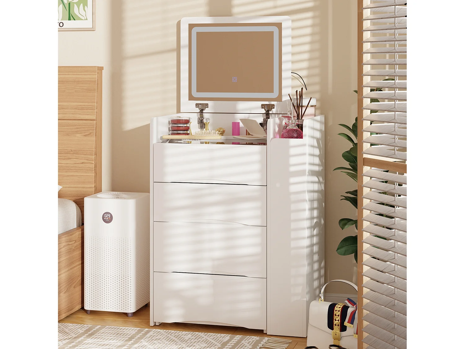 Coiffeuse avec miroir rabattable,éclairage tricolore,tiroirs,Salon,‎Blanc,61x40x81.5cm