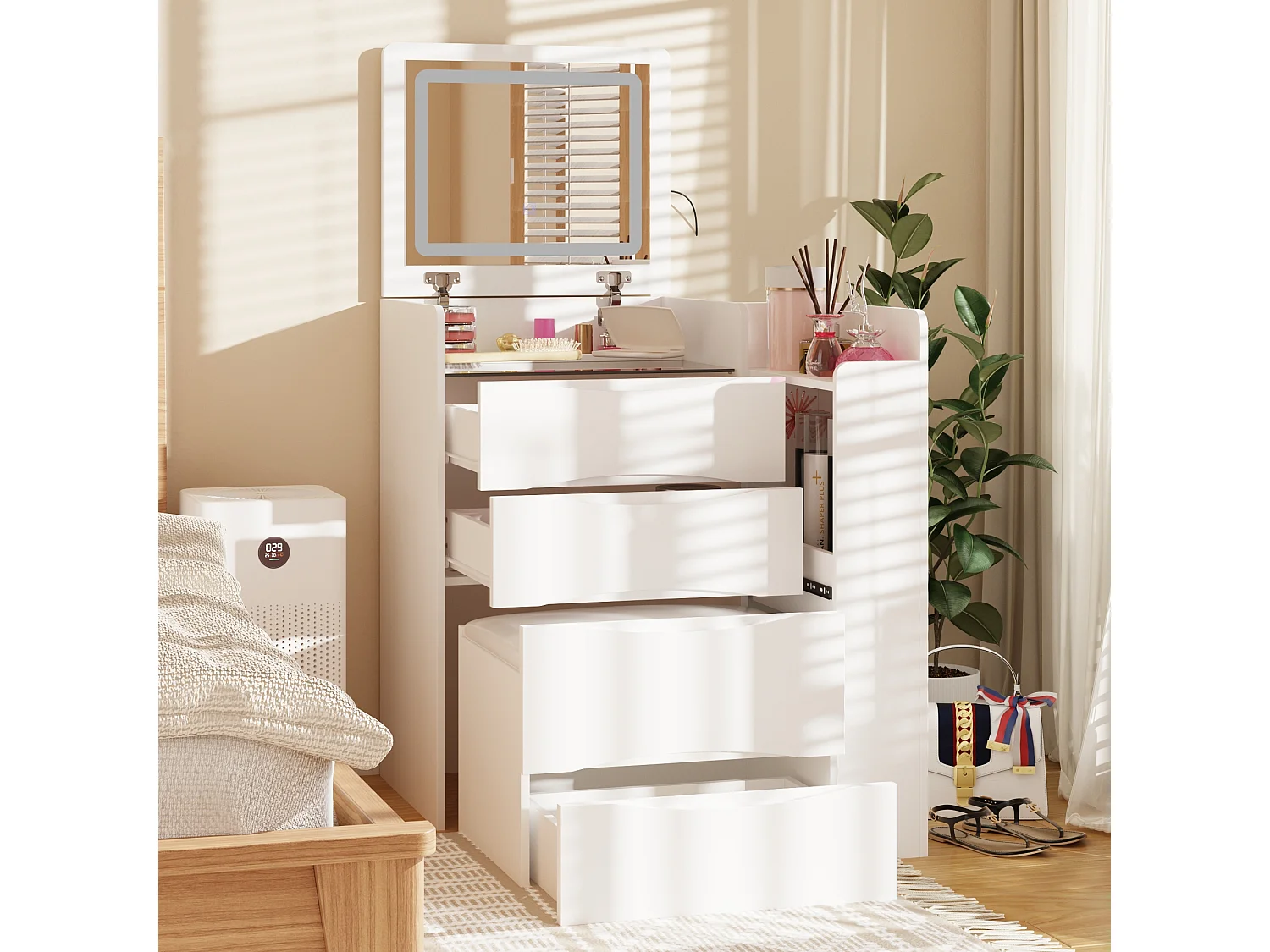 Coiffeuse avec miroir rabattable,éclairage tricolore,tiroirs,Salon,‎Blanc,61x40x81.5cm