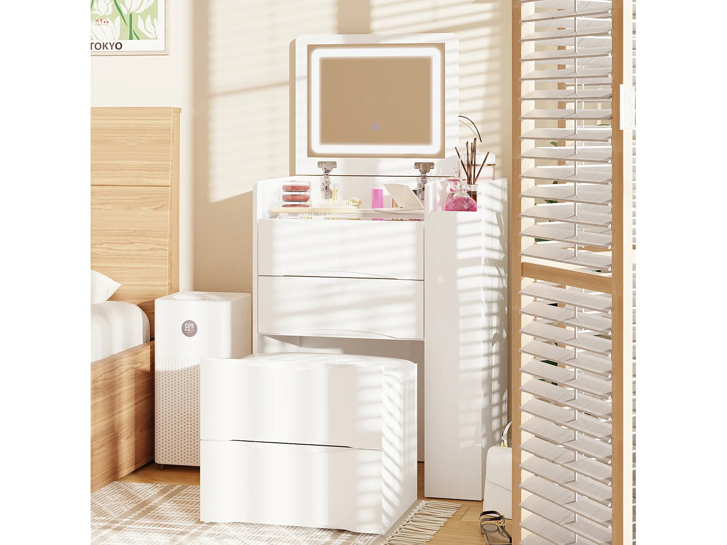 Coiffeuse avec miroir rabattable,éclairage tricolore,tiroirs,Salon,‎Blanc,61x40x81.5cm