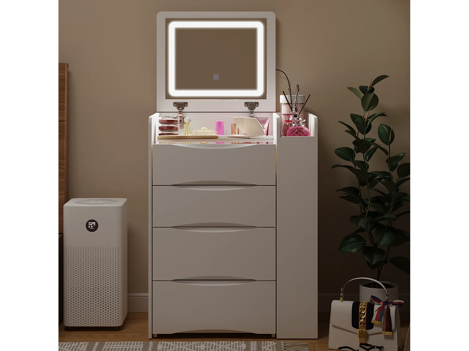 Coiffeuse avec miroir rabattable,éclairage tricolore,tiroirs,Salon,‎Blanc,61x40x81.5cm