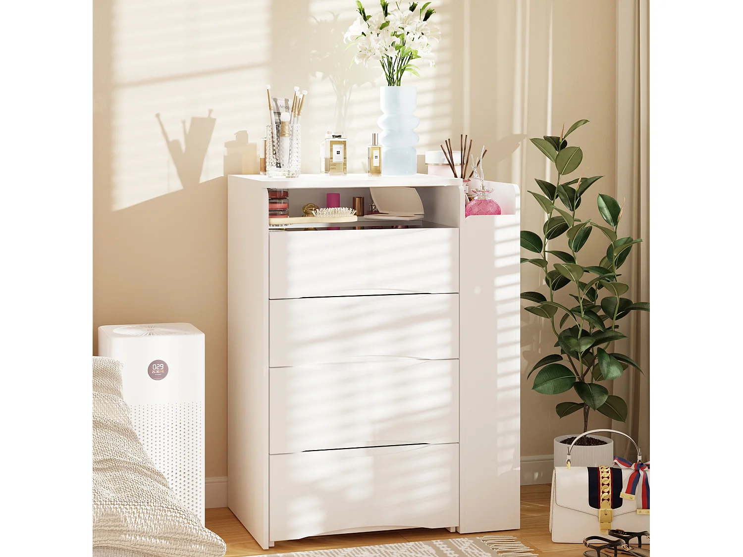 Coiffeuse avec miroir rabattable,éclairage tricolore,tiroirs,Salon,‎Blanc,61x40x81.5cm