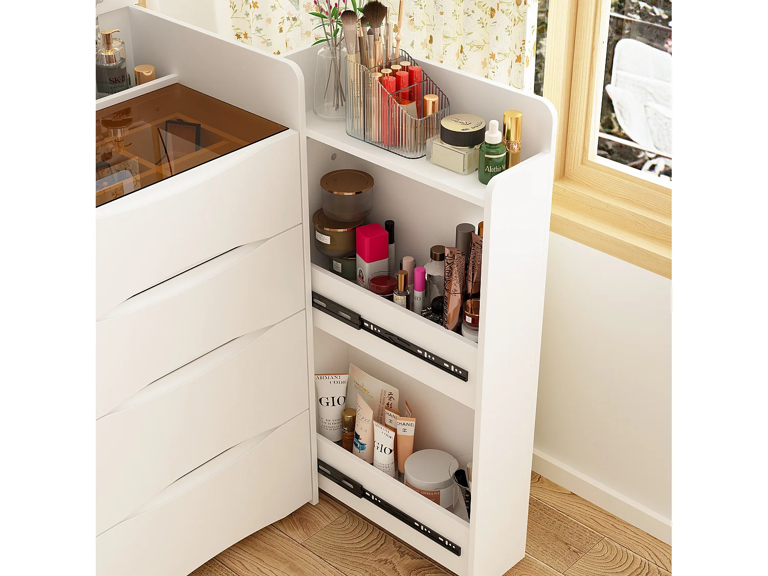 Coiffeuse avec miroir rabattable,éclairage tricolore,tiroirs,Salon,‎Blanc,61x40x81.5cm