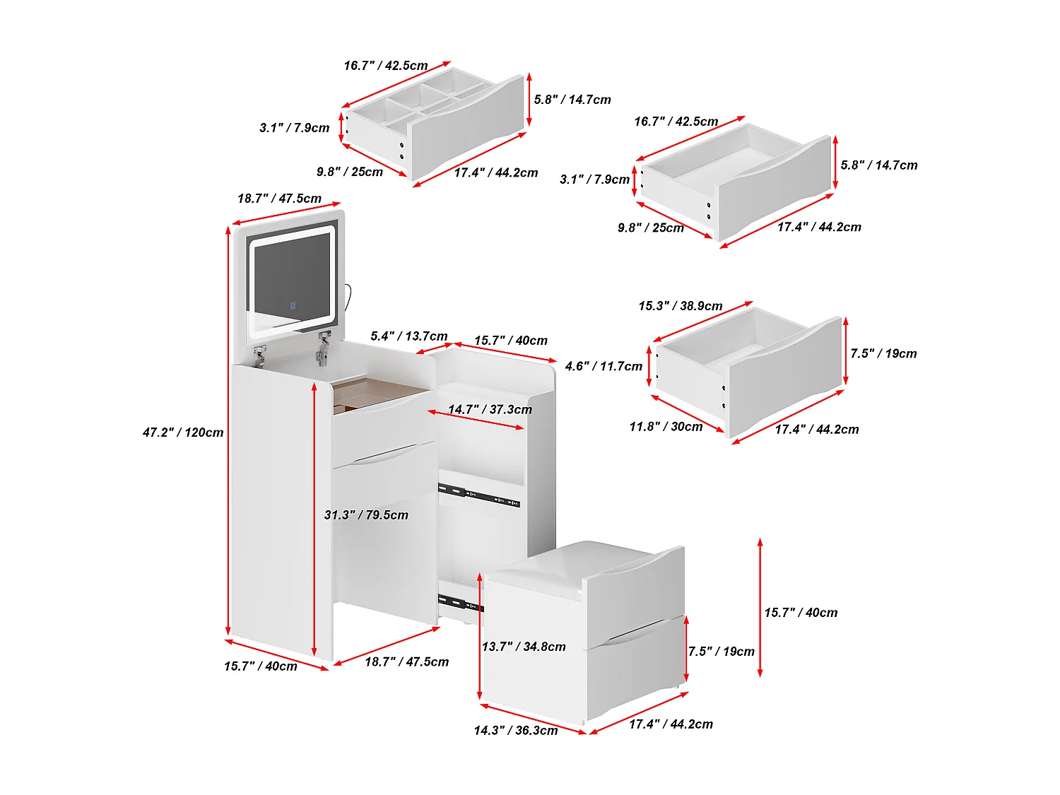Coiffeuse avec miroir rabattable,éclairage tricolore,tiroirs,Salon,‎Blanc,61x40x81.5cm