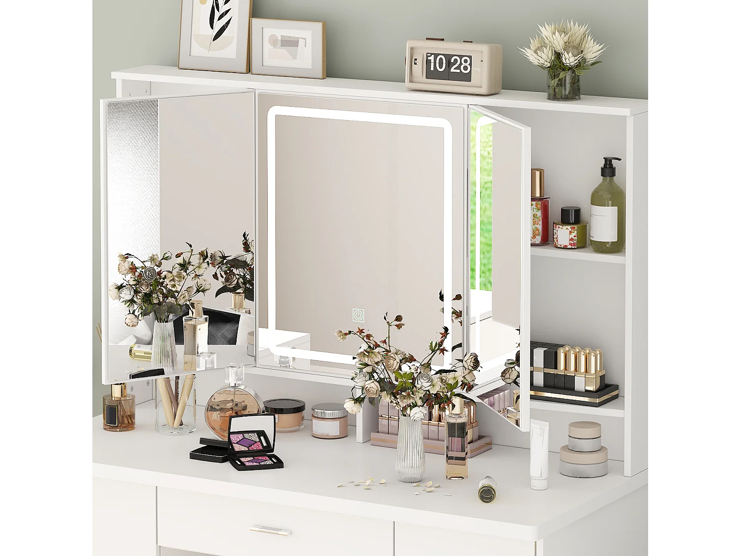 Coiffeuse avec éclairage LED et miroir rectangulaire surdimensionné,éclairage tricolore,armoires,tiroirs,100x45x135cm,Blanc