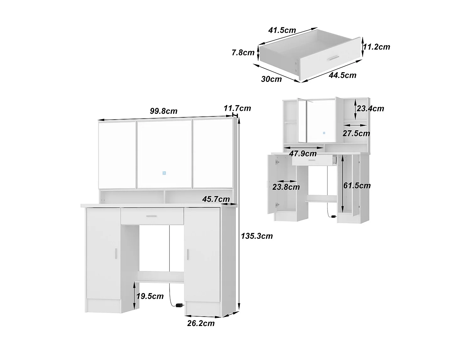 Coiffeuse avec éclairage LED et miroir rectangulaire surdimensionné,éclairage tricolore,armoires,tiroirs,100x45x135cm,Blanc