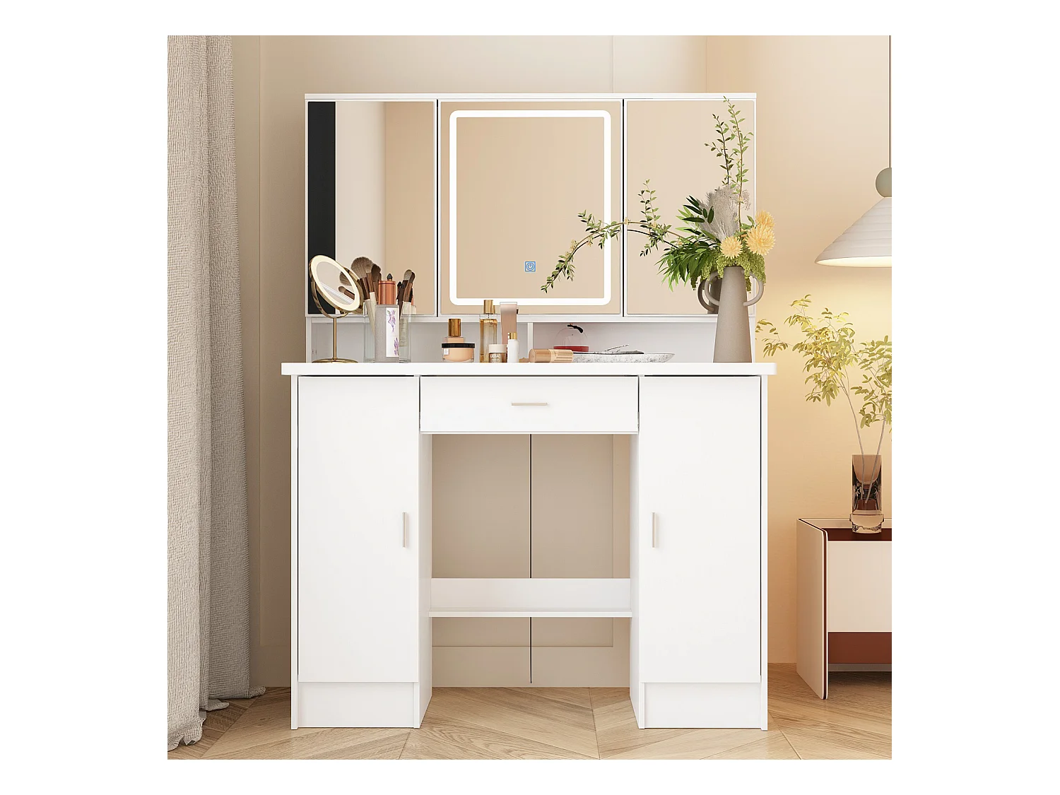 Kaptafel met LED-verlichting en oversized rechthoekige spiegel,driekleurige verlichting,kasten,laden,100x45x135cm,Wit