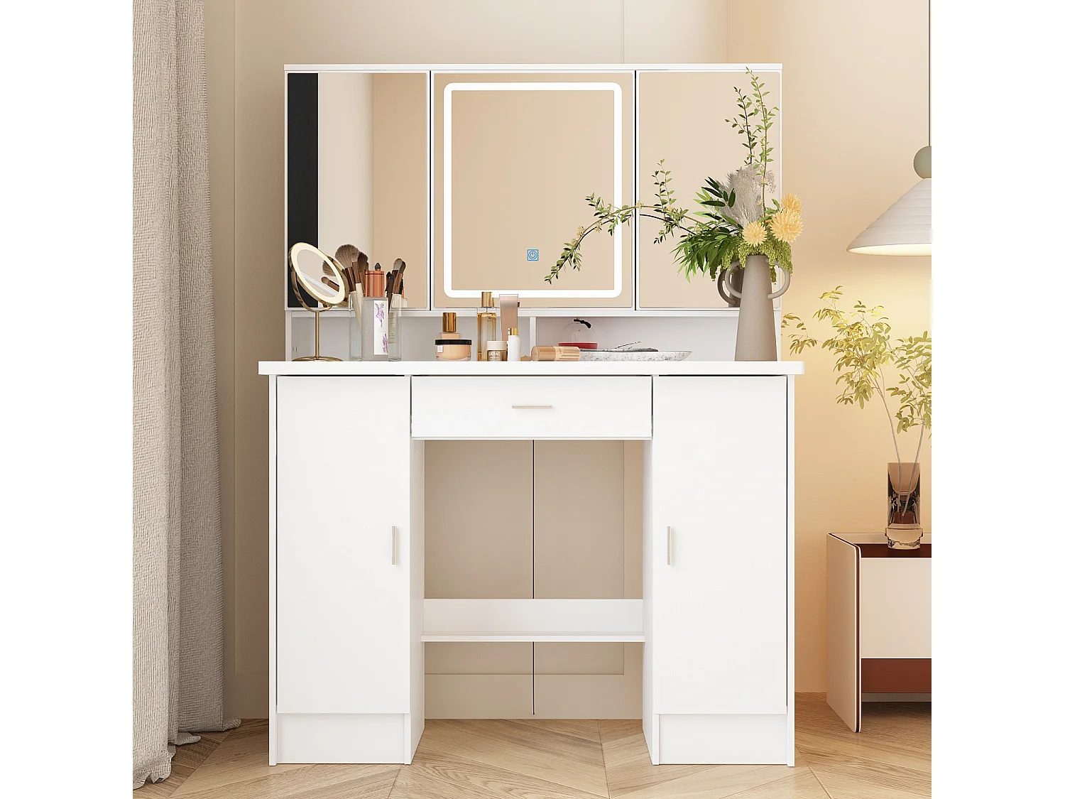 Coiffeuse avec éclairage LED et miroir rectangulaire surdimensionné,éclairage tricolore,armoires,tiroirs,100x45x135cm,Blanc