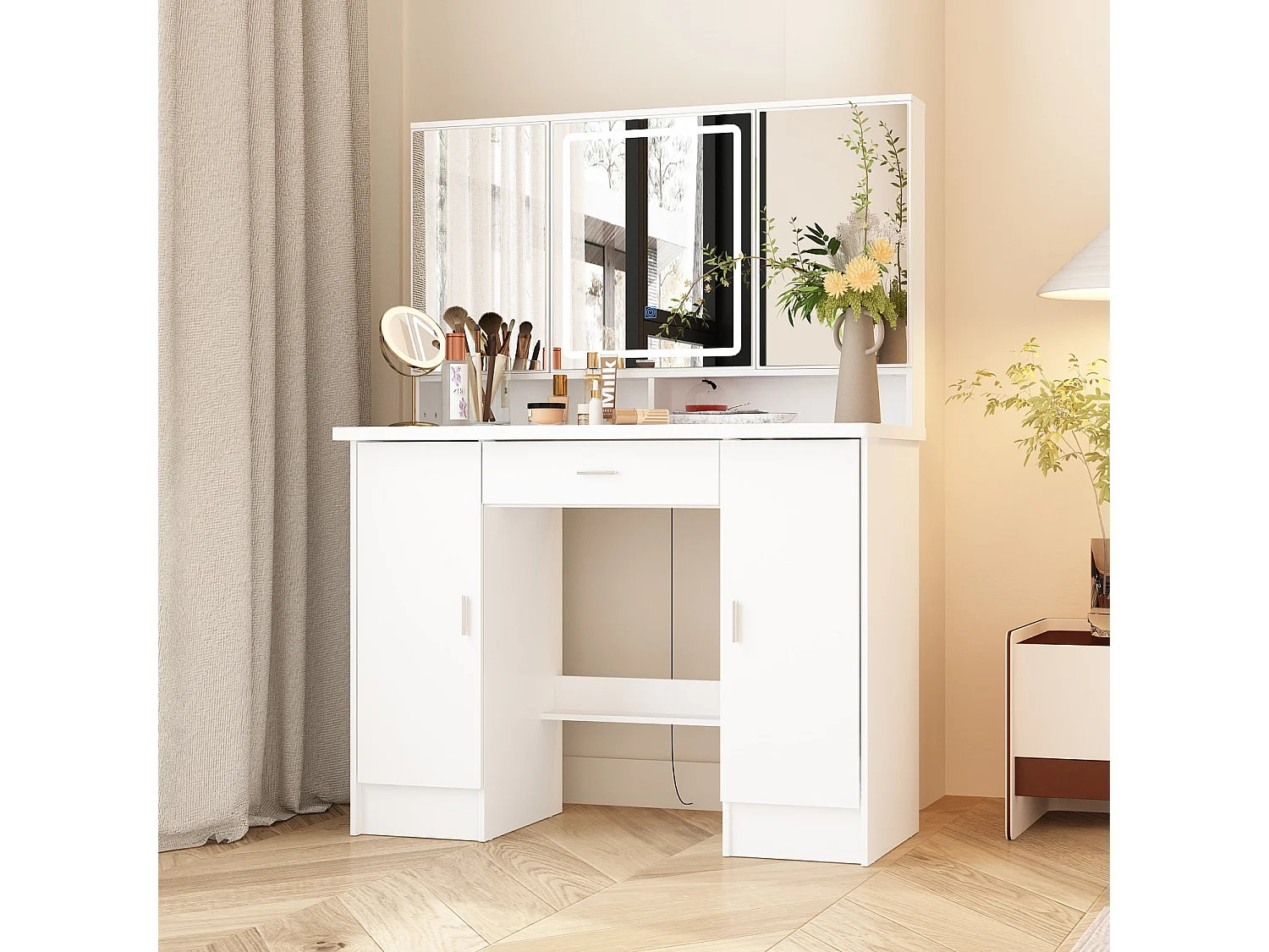 Coiffeuse avec éclairage LED et miroir rectangulaire surdimensionné,éclairage tricolore,armoires,tiroirs,100x45x135cm,Blanc