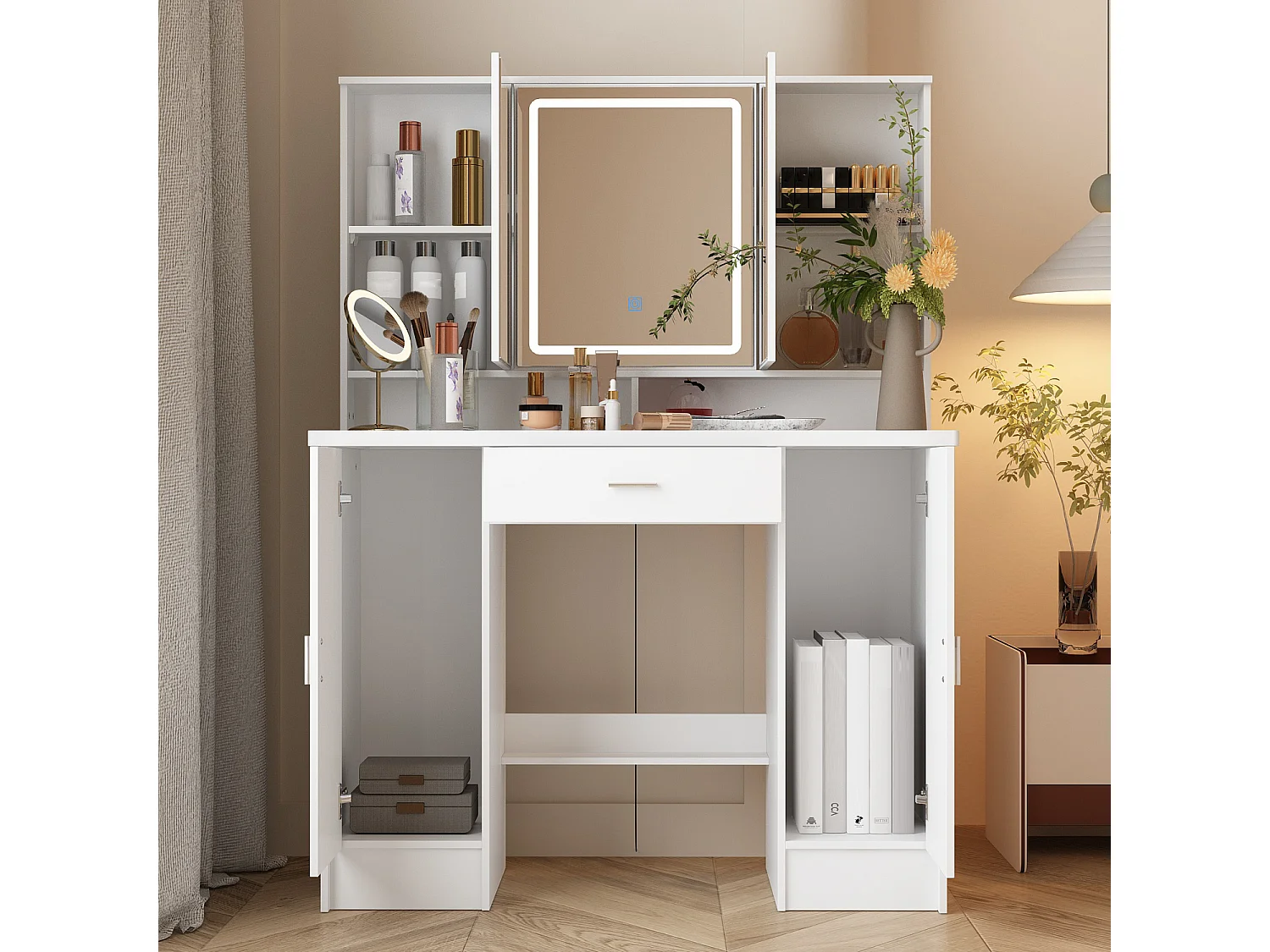 Coiffeuse avec éclairage LED et miroir rectangulaire surdimensionné,éclairage tricolore,armoires,tiroirs,100x45x135cm,Blanc