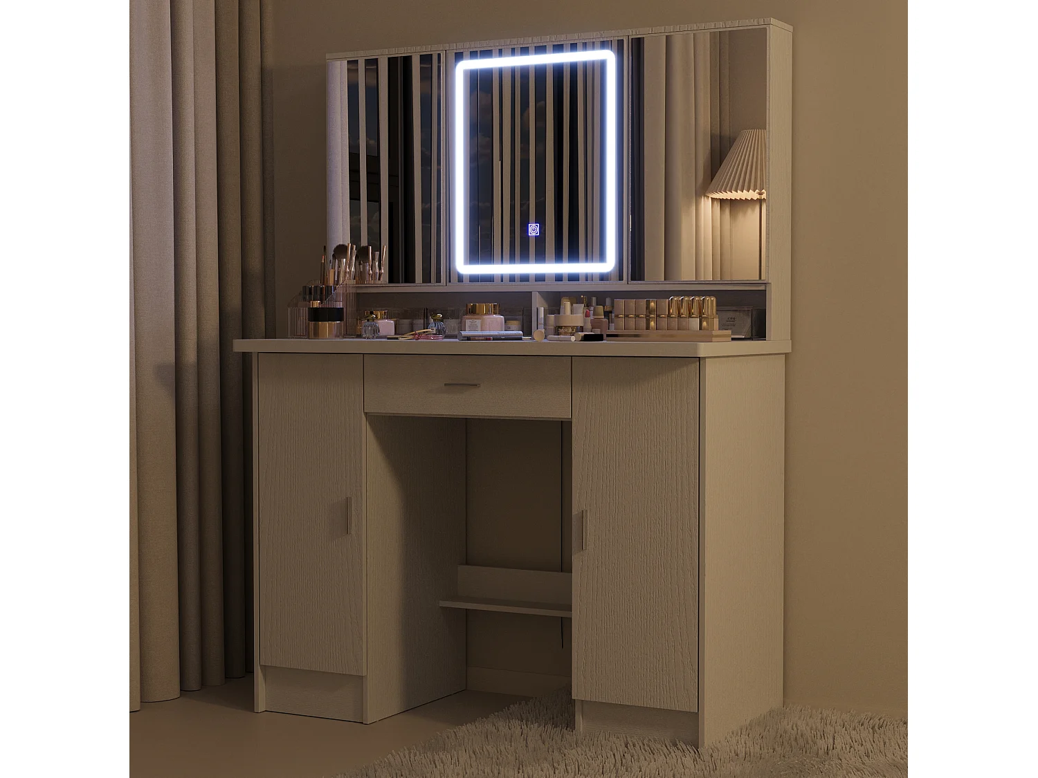 Coiffeuse avec éclairage LED et miroir rectangulaire surdimensionné,éclairage tricolore,armoires,tiroirs,100x45x135cm,Blanc