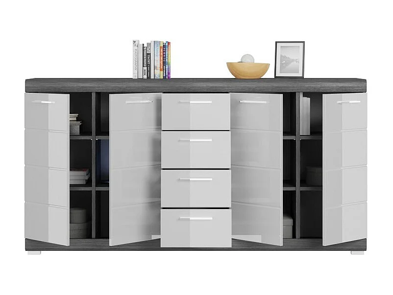 Buffet SCOTT – 4 portes et 4 tiroirs – Gris foncé et blanc – 165x85x37 cm