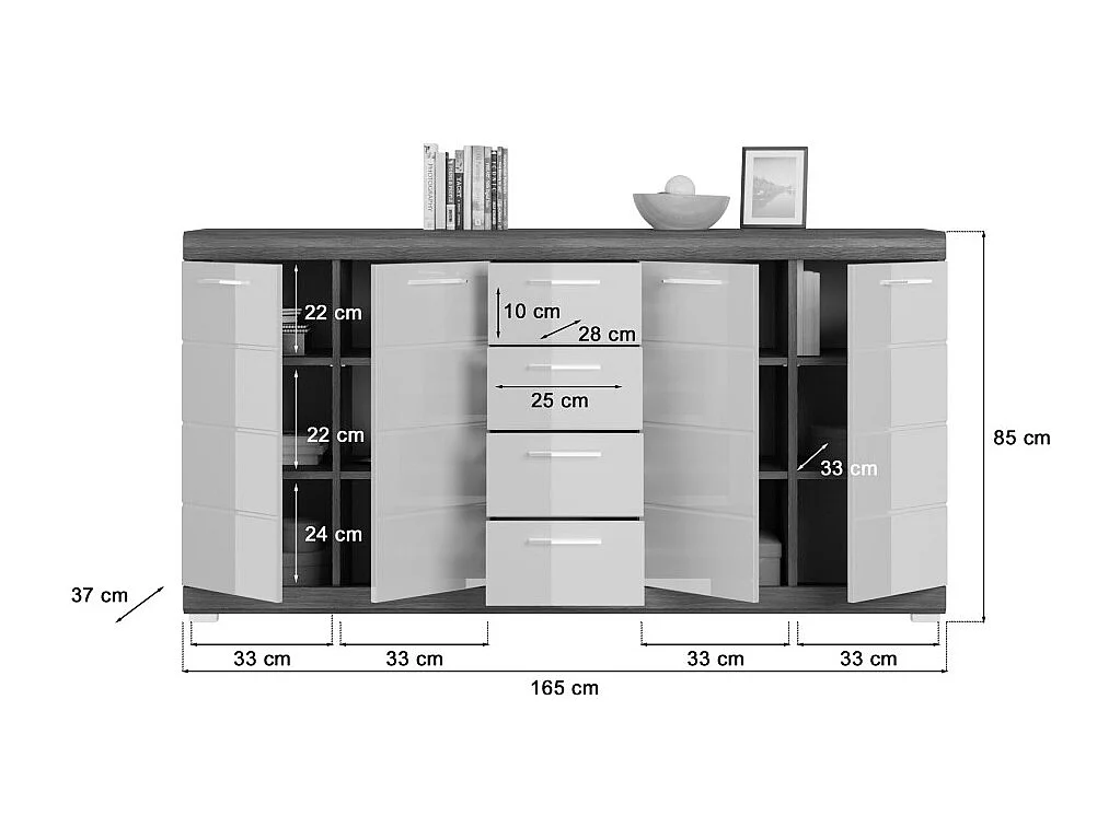Buffet SCOTT – 4 portes et 4 tiroirs – Gris foncé et blanc – 165x85x37 cm