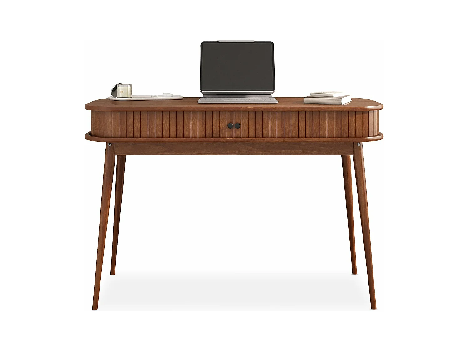 Bureau JARI en bois massif, 113 x 75 cm, façade cannelée, rangement avec porte coullisante, coloris châtaignier