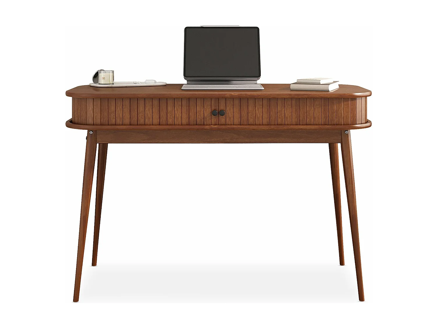 Bureau JARI en bois massif, 113 x 75 cm, façade cannelée, rangement avec porte coullisante, coloris châtaignier
